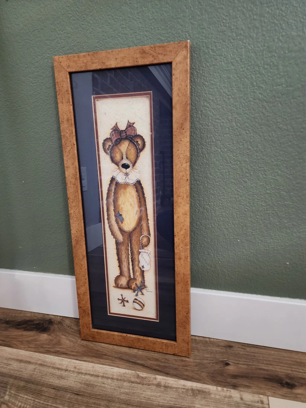 Vintage 1990s Mary Ann June “Marbles” Teddy Bear Framed Print Country Folk Art